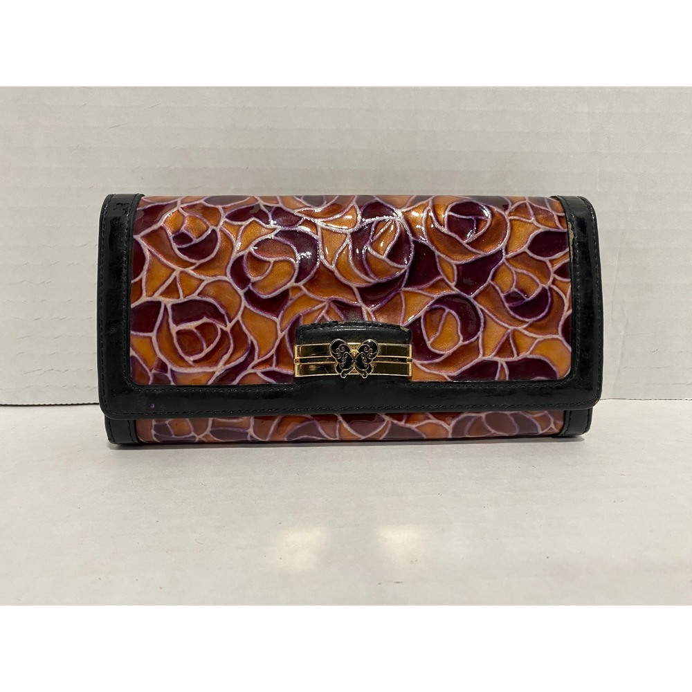 Anna Sui Wallet Rose Embossed Patent Purple Orange OS Excellent